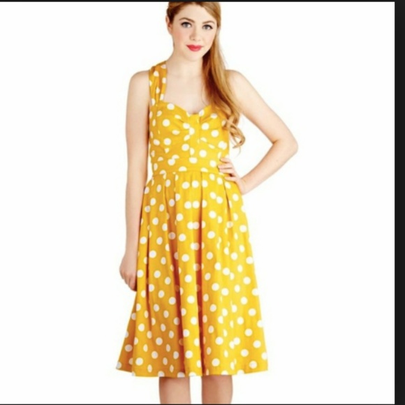 ModCloth Myrtlewood Yellow Polka Dot Dress Pinup - Picture 2 of 6